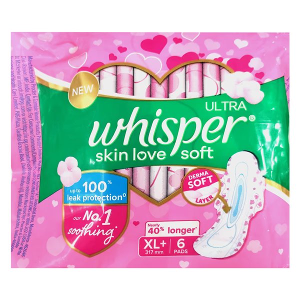 Whisper Ultra Skin Love Soft Sanitary Pads for Women XL+, 6 Count