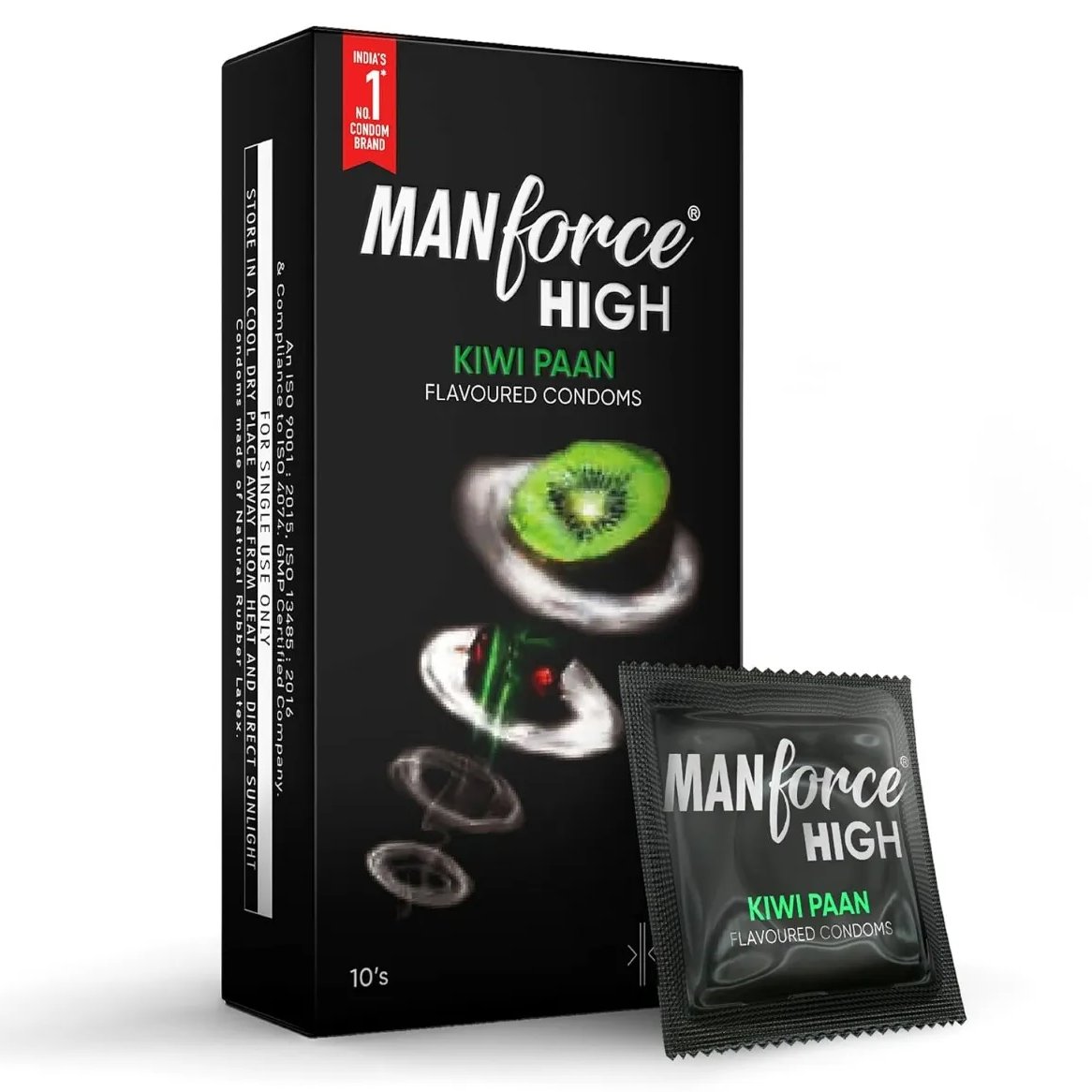 Manforce High Kiwi Paan Flavoured Condoms for Men| 10 Count| Ultra Thin| Lubricated Latex Condoms For Her Enhanced Pleasure x Pack of 1
